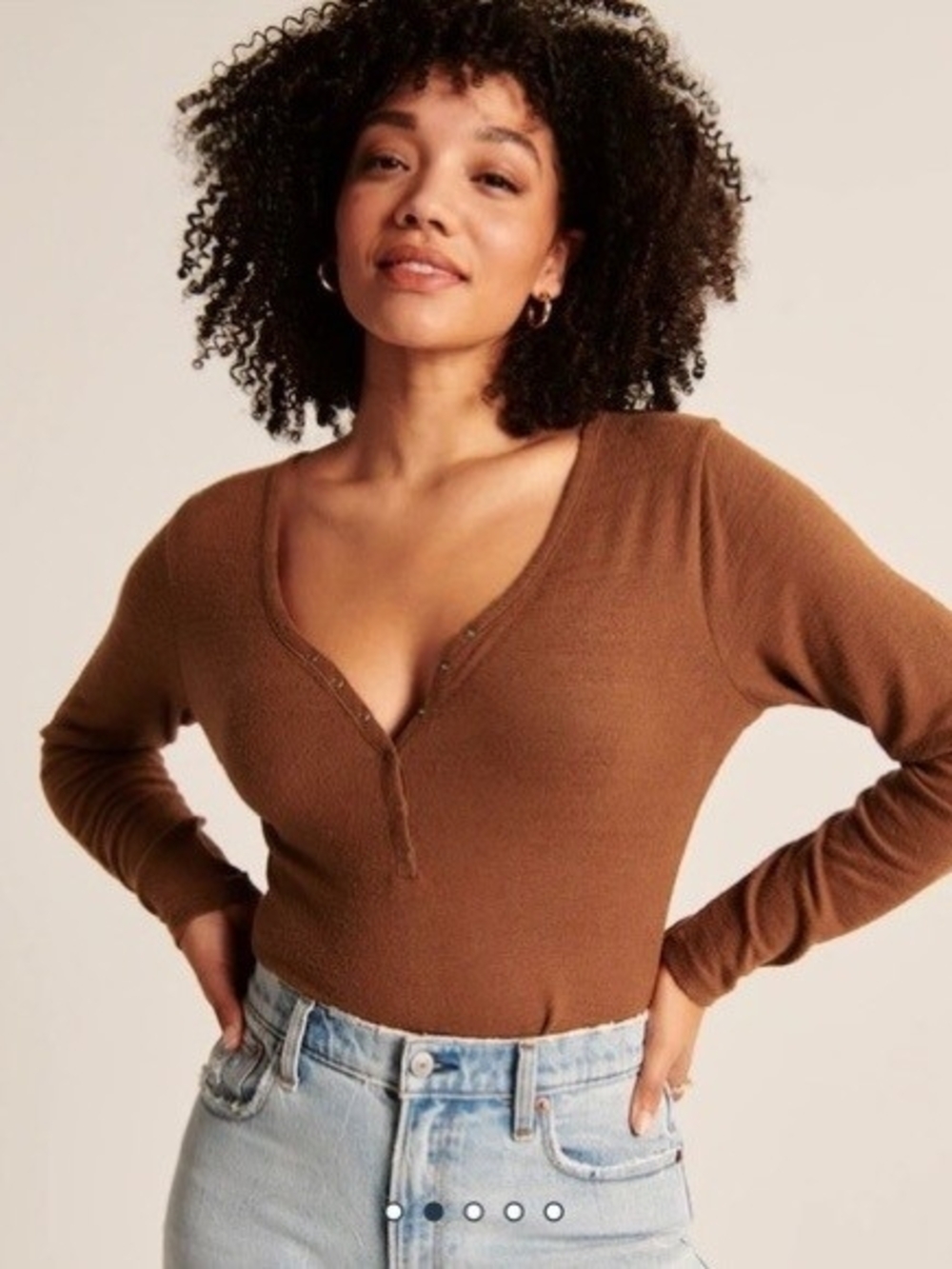 Abercrombie & Fitch Women's Brown Ribbed Long-Sleeve Henley Bodysuit